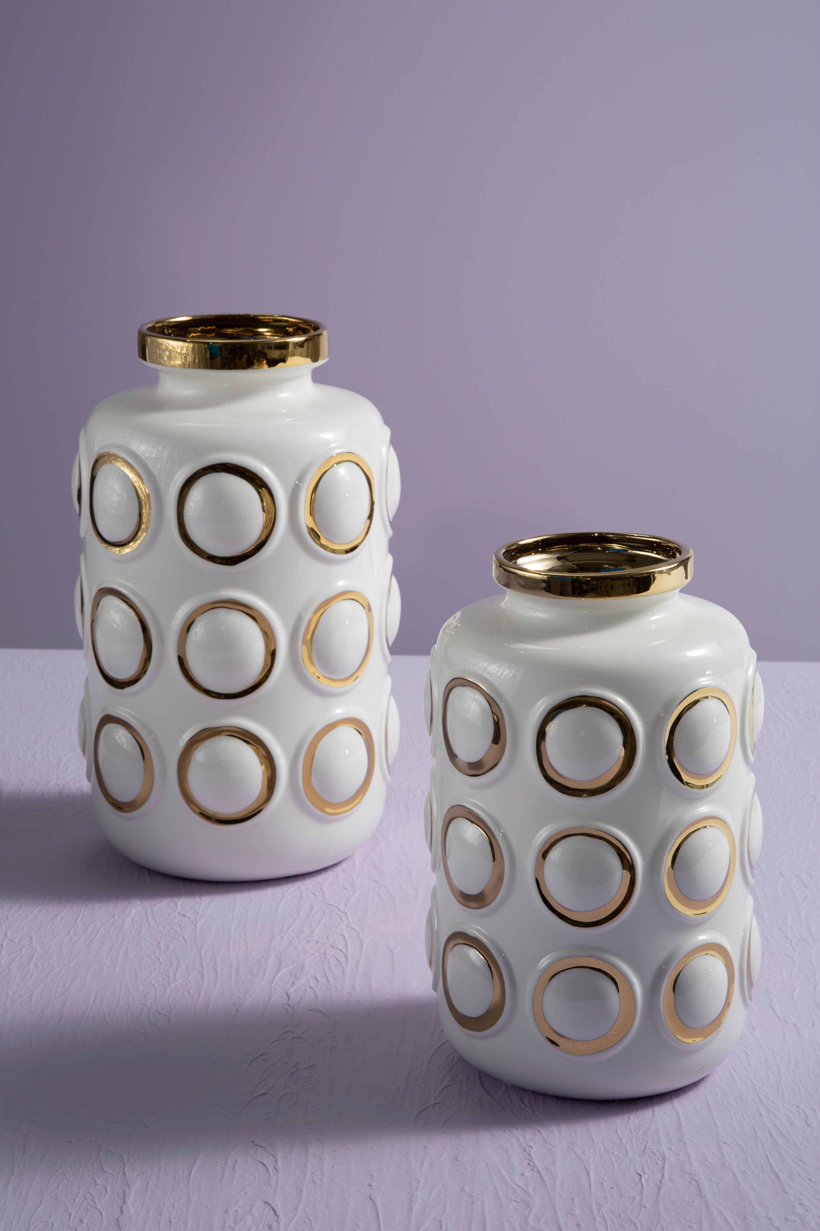 Torello White & Gold Embossed Rings Ceramic Vase | Small